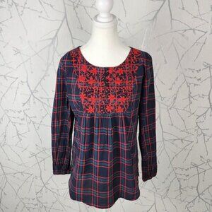 Max Floral Embroidered Plaid 100% Cotton Empire Waist Blouse